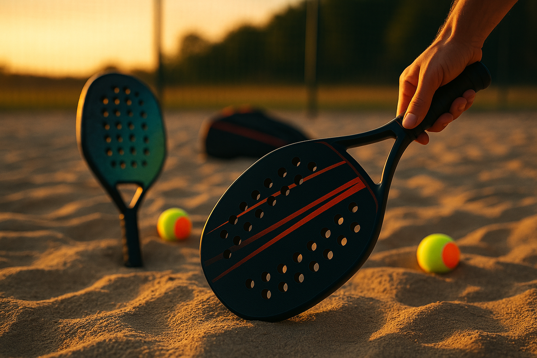 Raquete de beach tennis apoiada na areia ao entardecer, ilustrando comparação entre modelos rígidos e macios